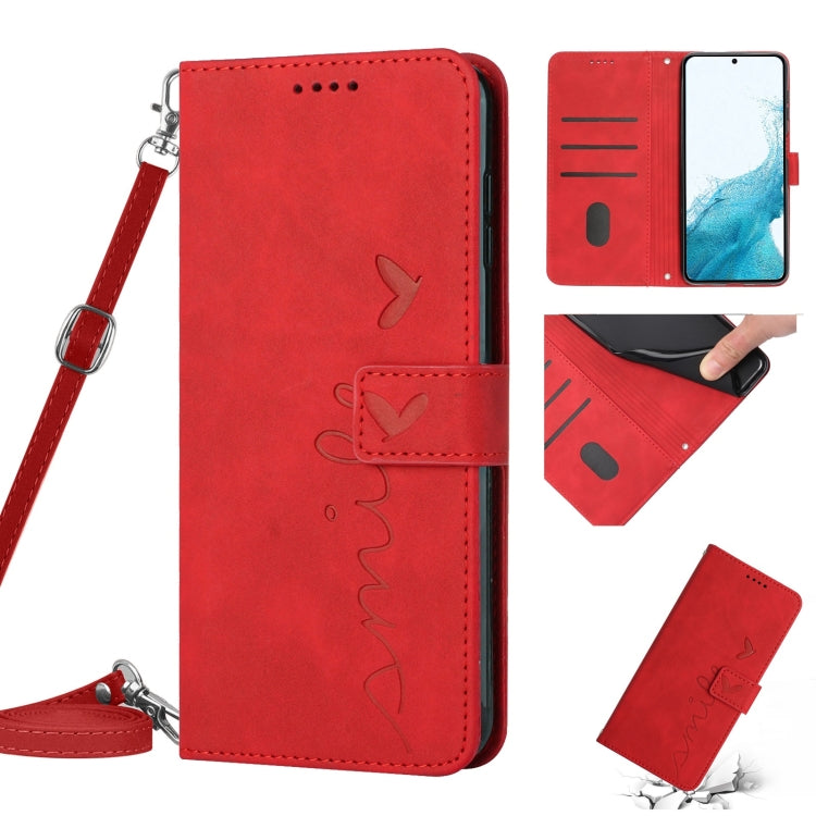 For Samsung Galaxy S22 Skin Feel Heart Pattern Leather Phone Case With Lanyard