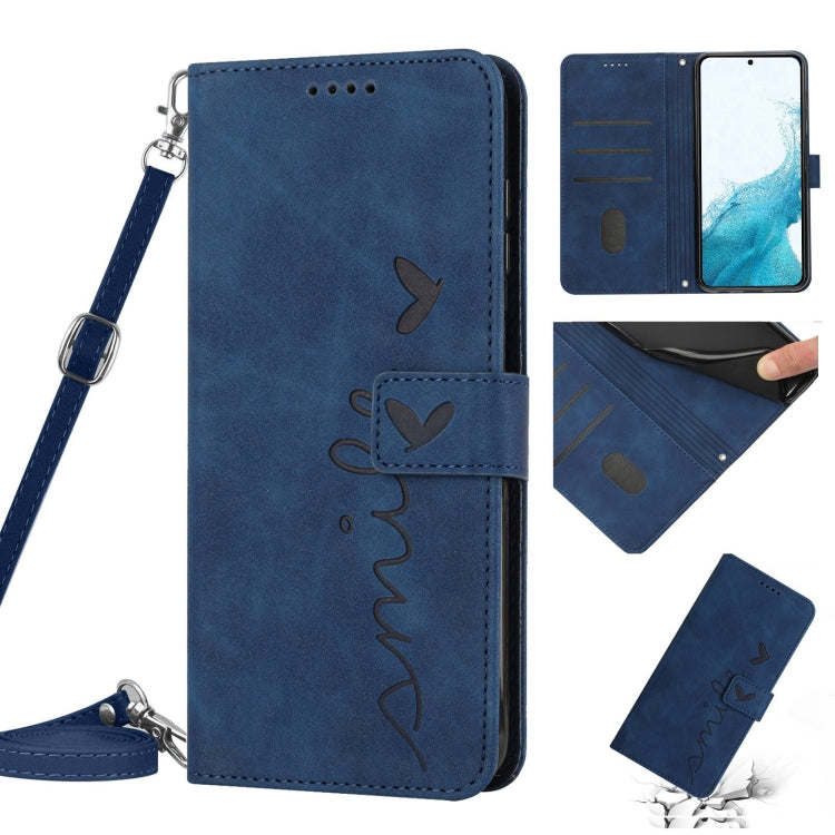 For Samsung Galaxy S22+ Skin Feel Heart Pattern Leather Phone Case With Lanyard