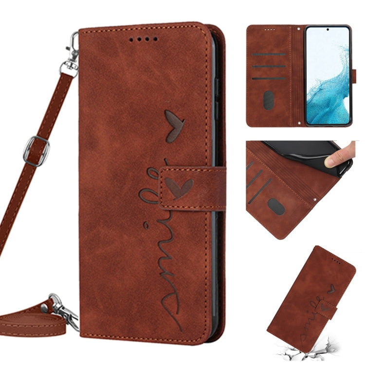 For Samsung Galaxy S22+ Skin Feel Heart Pattern Leather Phone Case With Lanyard