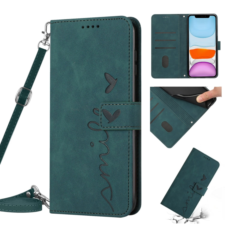 For iPhone 11 Skin Feel Heart Pattern Leather Phone Case With Lanyard