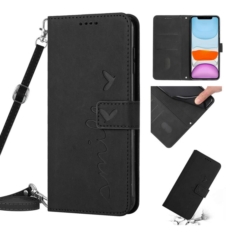 For iPhone 11 Skin Feel Heart Pattern Leather Phone Case With Lanyard