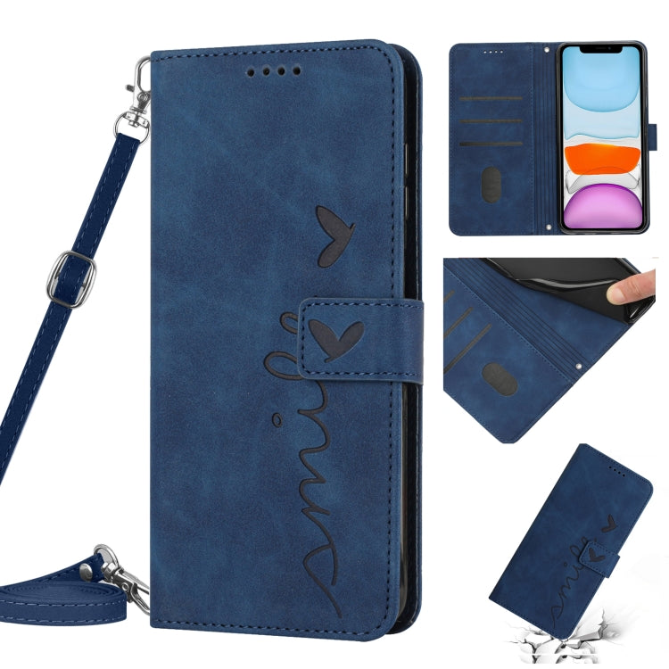 For iPhone 11 Skin Feel Heart Pattern Leather Phone Case With Lanyard
