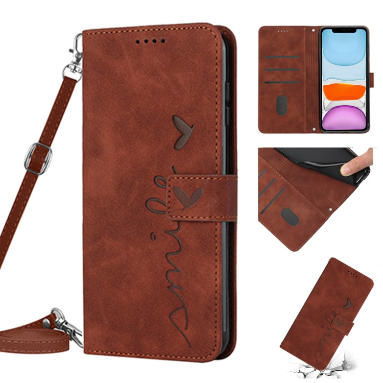 For iPhone 11 Skin Feel Heart Pattern Leather Phone Case With Lanyard