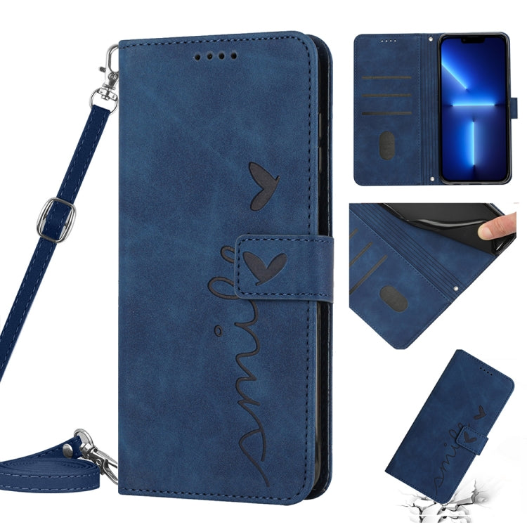 For iPhone 13 Pro Max Skin Feel Heart Pattern Leather Phone Case With Lanyard
