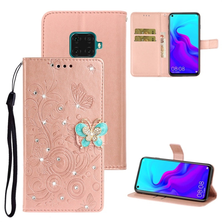 For Huawei Mate 30 Lite Diamond Encrusted Butterflies Love Flowers Pattern Horizontal Flip Leather Case with Holder & Card Slots & Wallet & Lanyard