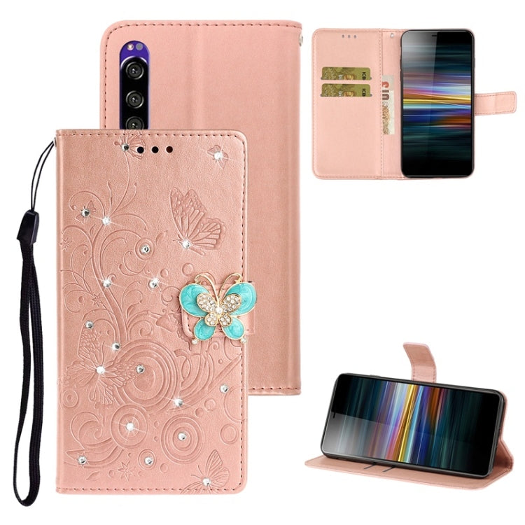 For Sony Xperia XZ5 Diamond Encrusted Butterflies Love Flowers Pattern Horizontal Flip Leather Case with Holder & Card Slots & Wallet & Lanyard