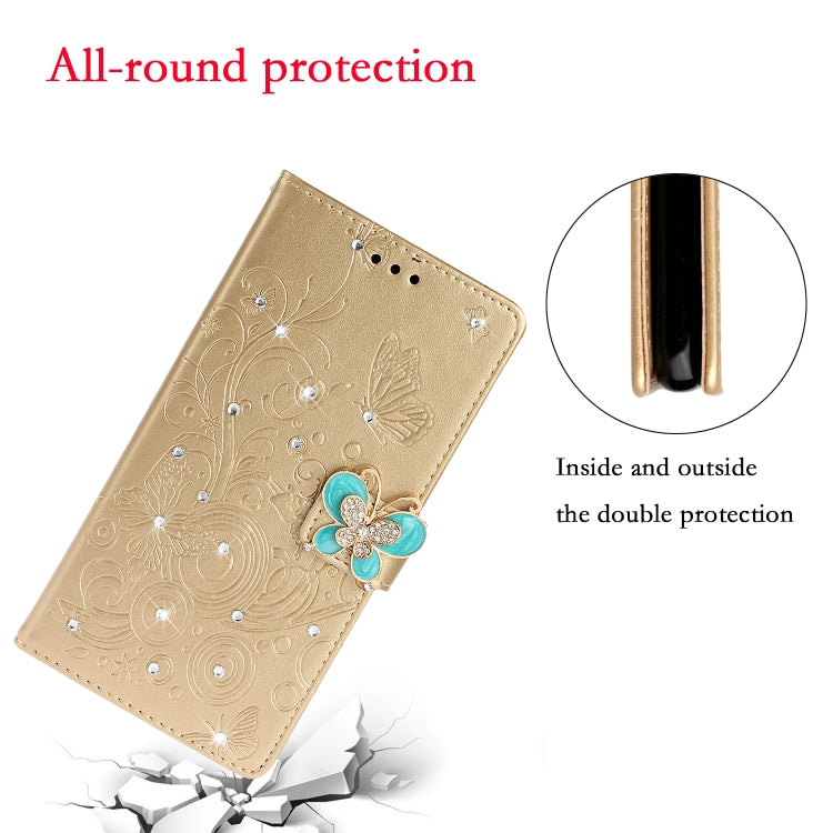 Diamond Encrusted Butterflies Love Flowers Pattern Horizontal Flip Leather Case with Holder & Card Slots & Wallet & Lanyard