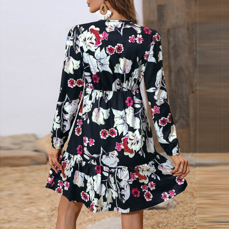 V-Neck Floral Print Black Bottom Dress, Size: