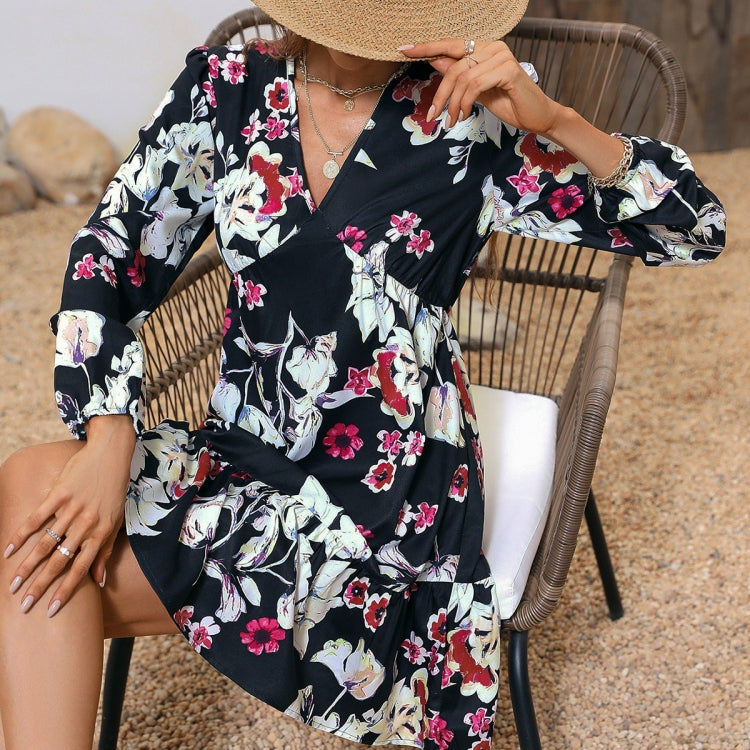 V-Neck Floral Print Black Bottom Dress, Size: