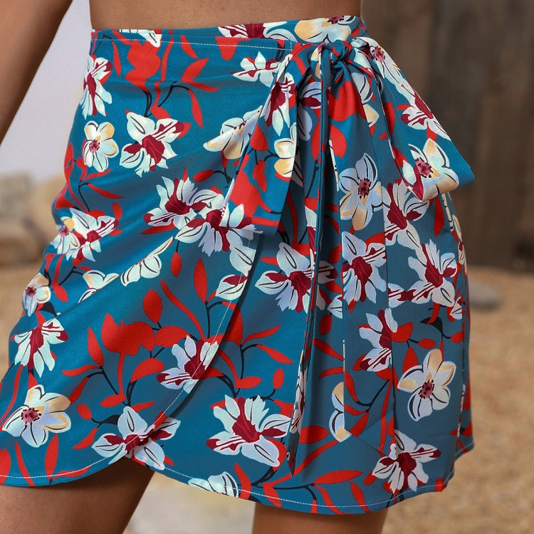 Blue Floral Print Tie Waist Short Skirt, Size: