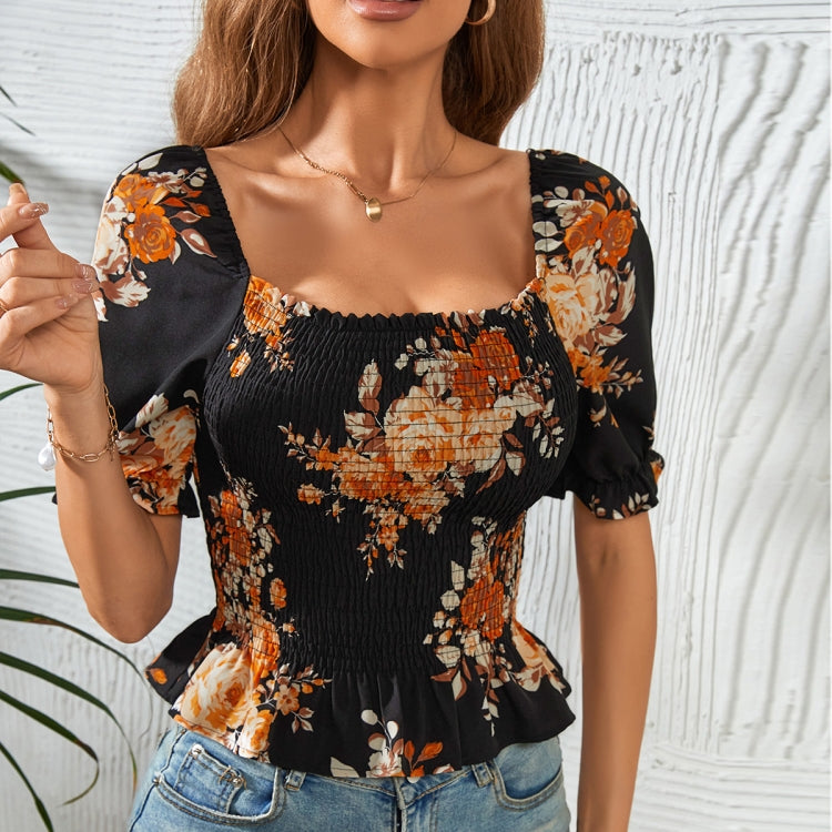 Floral Print Square Neck Short Sleeve Shirred Blouse Tops, Size: