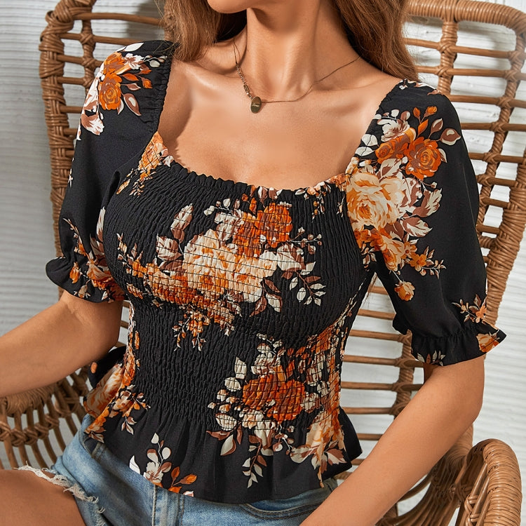 Floral Print Square Neck Short Sleeve Shirred Blouse Tops, Size: