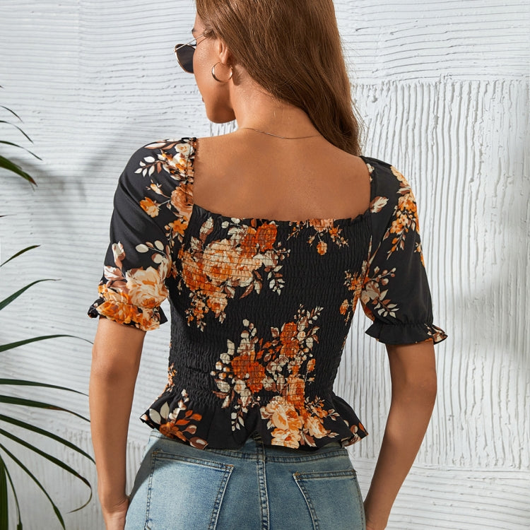 Floral Print Square Neck Short Sleeve Shirred Blouse Tops, Size: