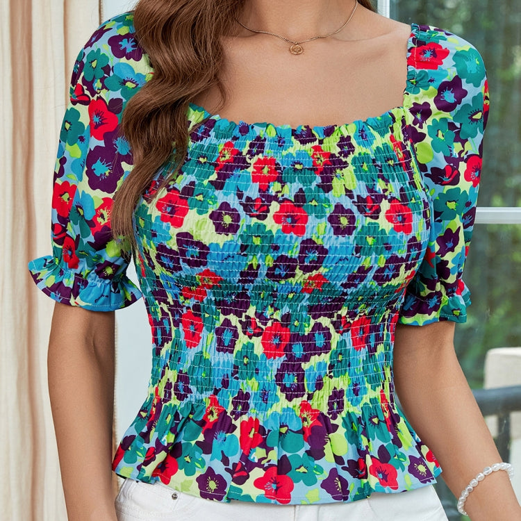 Floral Print Square Neck Short Sleeve Shirred Blouse Shirt, Size: