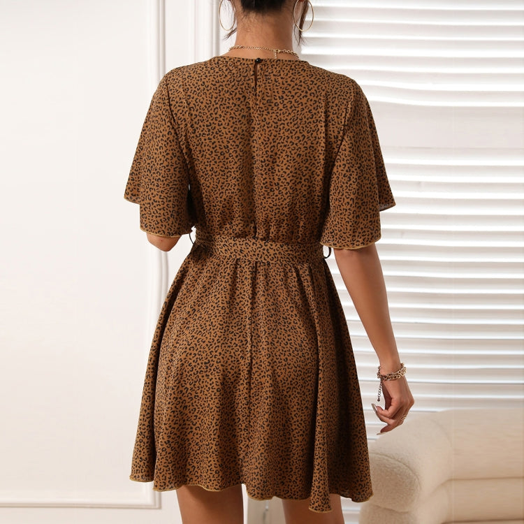 O-Neck Leopard Print Belted Dress, Size: