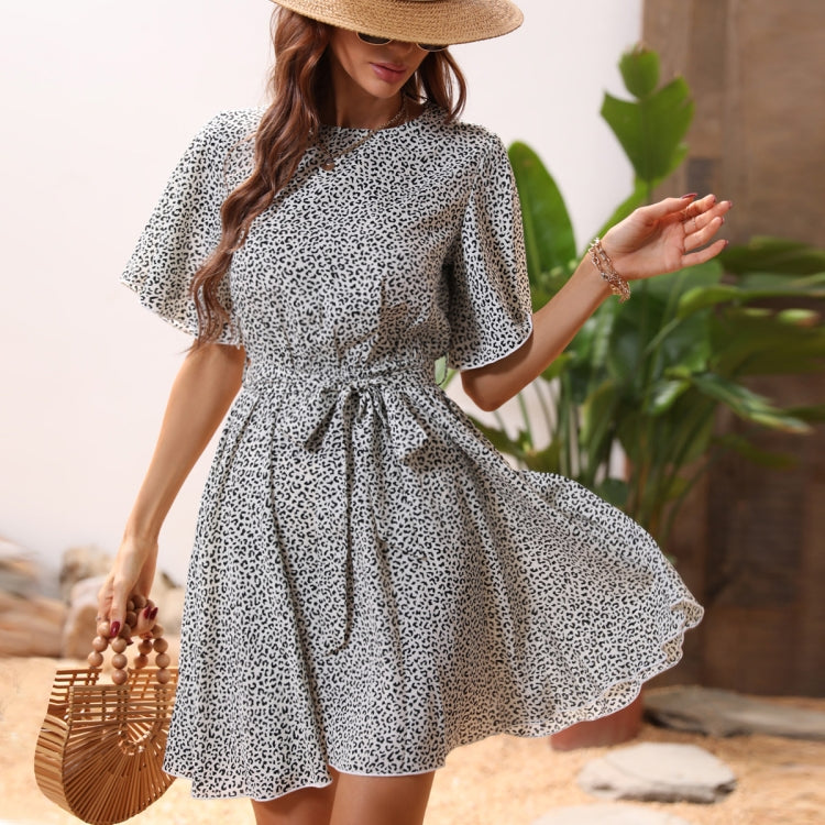O-Neck Leopard Print Belted Dress, Size: