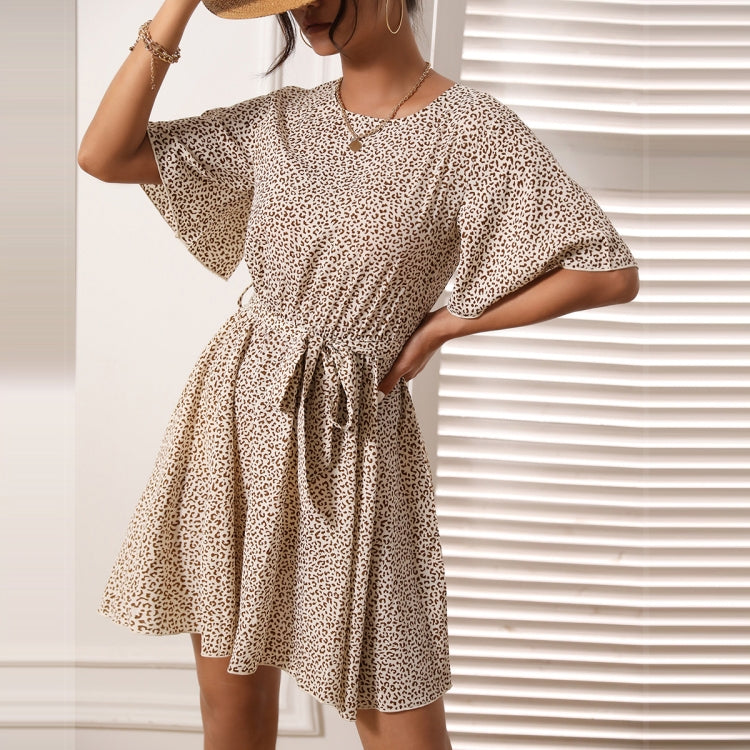O-Neck Leopard Print Belted Dress, Size:
