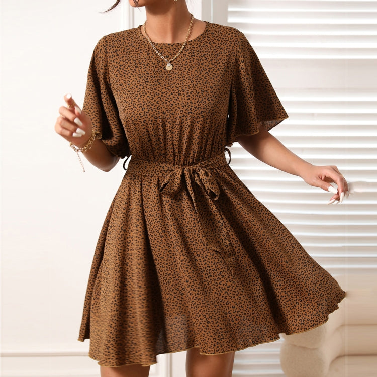 O-Neck Leopard Print Belted Dress, Size: