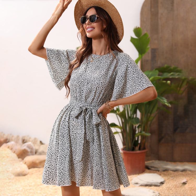 O-Neck Leopard Print Belted Dress, Size: