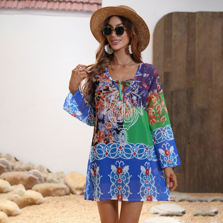 V-Neck Floral Print Green Dress, Size: