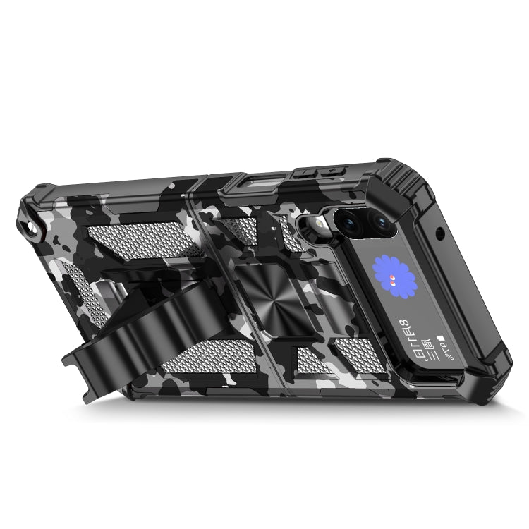 For Samsung Galaxy Z Flip4 5G Camouflage Armor Shockproof TPU + PC Magnetic Protective Phone Case with Holder