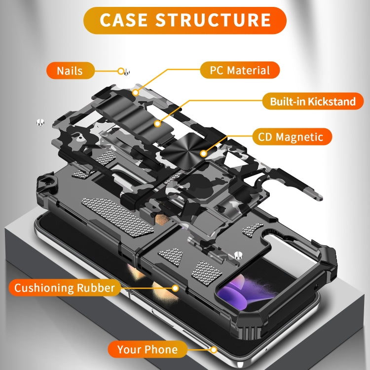 For Samsung Galaxy Z Flip4 5G Camouflage Armor Shockproof TPU + PC Magnetic Protective Phone Case with Holder