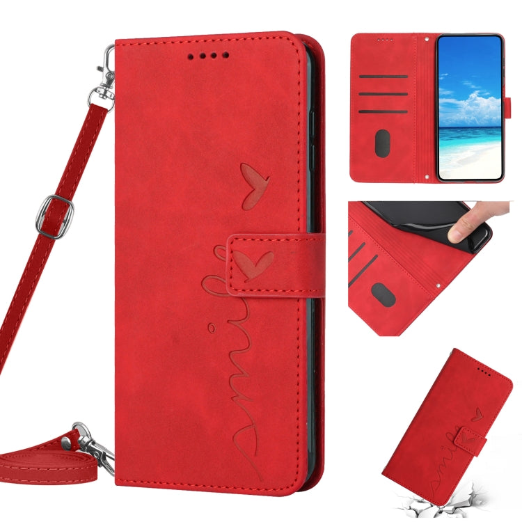 For OPPO A55s Skin Feel Heart Pattern Leather Phone Case with Lanyard