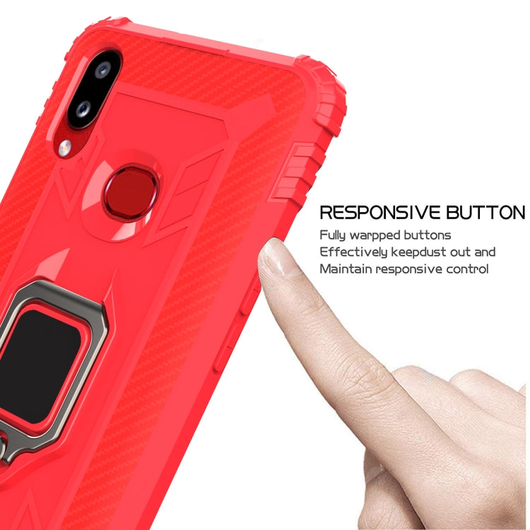 For Galaxy A10s Carbon Fiber Protective Case with 360 Degree Rotating Ring Holder