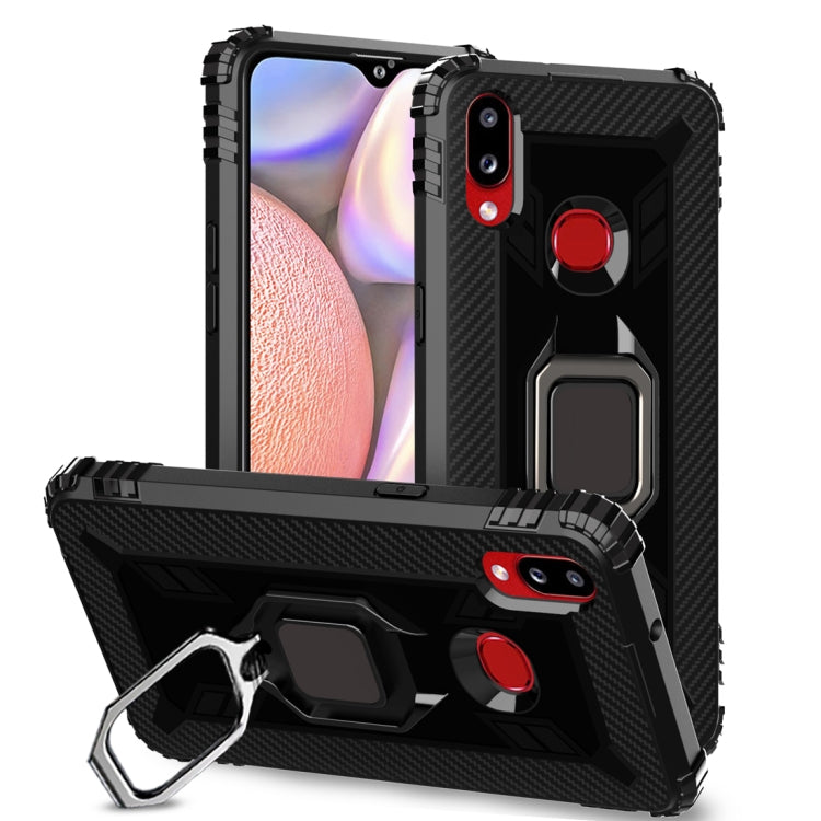 For Galaxy A10s Carbon Fiber Protective Case with 360 Degree Rotating Ring Holder