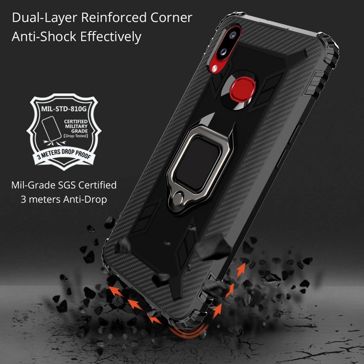 For Galaxy A10s Carbon Fiber Protective Case with 360 Degree Rotating Ring Holder