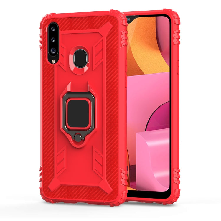 For Galaxy A20s Carbon Fiber Protective Case with 360 Degree Rotating Ring Holder