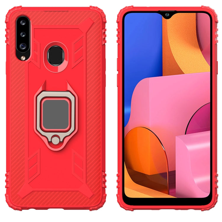 For Galaxy A20s Carbon Fiber Protective Case with 360 Degree Rotating Ring Holder