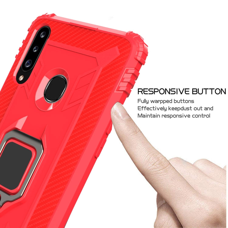 For Galaxy A20s Carbon Fiber Protective Case with 360 Degree Rotating Ring Holder