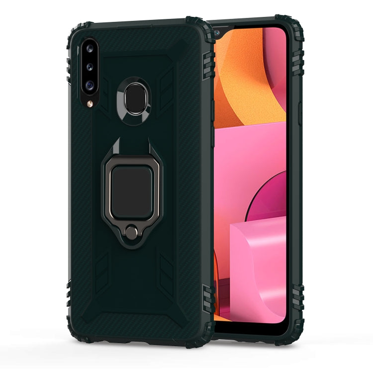 For Galaxy A20s Carbon Fiber Protective Case with 360 Degree Rotating Ring Holder