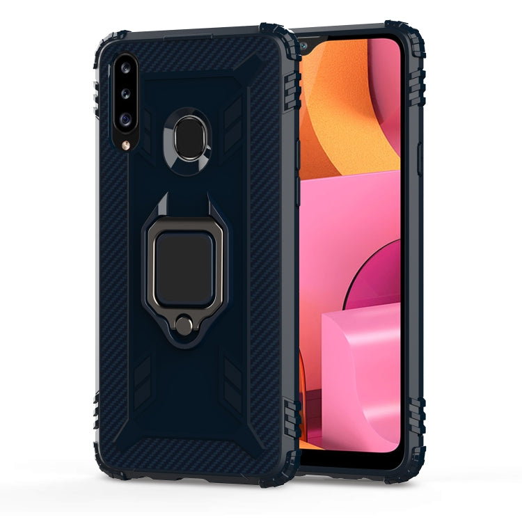 For Galaxy A20s Carbon Fiber Protective Case with 360 Degree Rotating Ring Holder