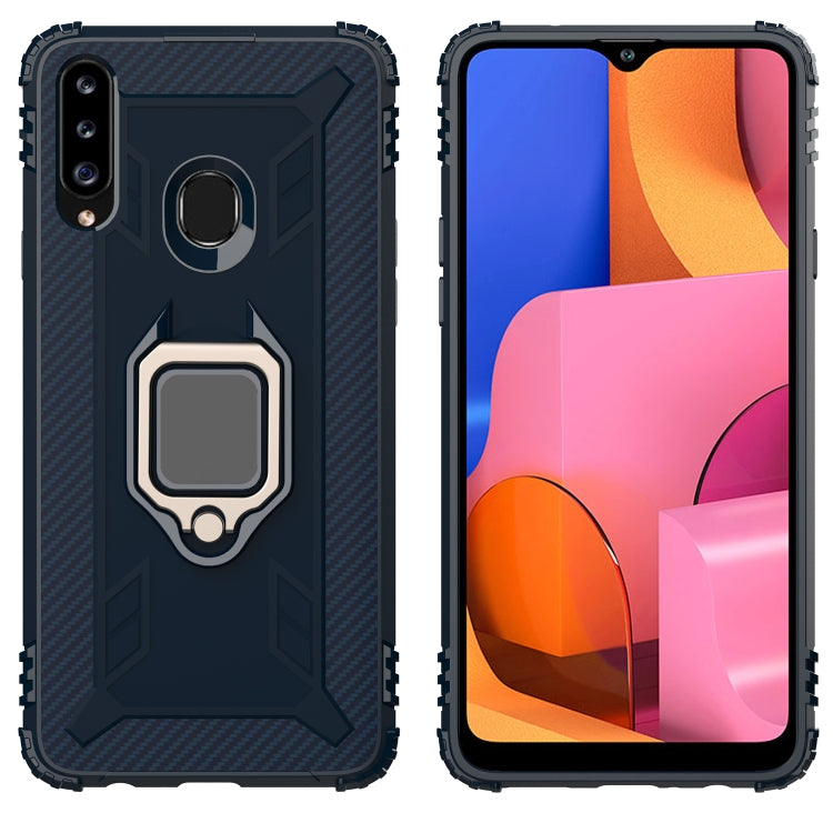 For Galaxy A20s Carbon Fiber Protective Case with 360 Degree Rotating Ring Holder