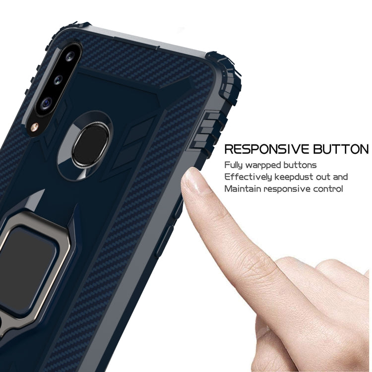 For Galaxy A20s Carbon Fiber Protective Case with 360 Degree Rotating Ring Holder