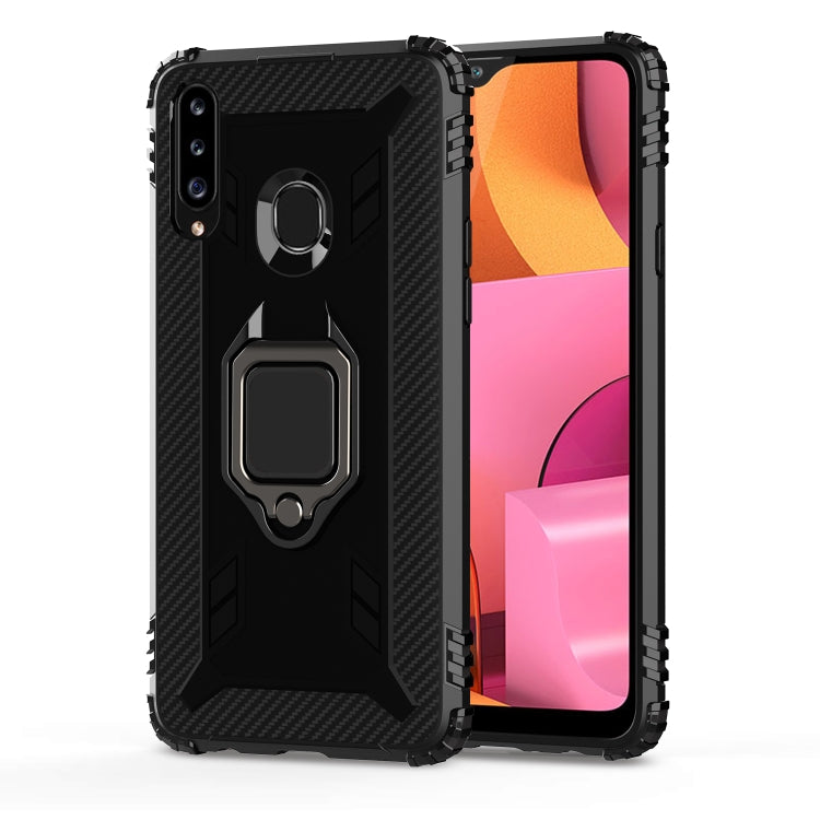 For Galaxy A20s Carbon Fiber Protective Case with 360 Degree Rotating Ring Holder