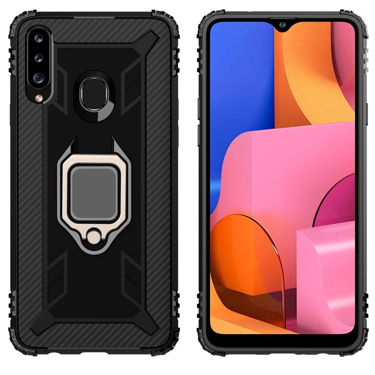 For Galaxy A20s Carbon Fiber Protective Case with 360 Degree Rotating Ring Holder