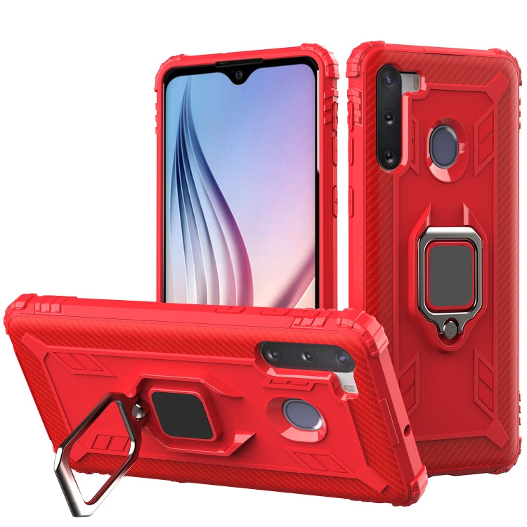 For Samsung Galaxy A21 (European Version) Carbon Fiber Protective Case with 360 Degree Rotating Ring Holder