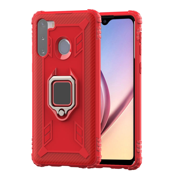 For Samsung Galaxy A21 (European Version) Carbon Fiber Protective Case with 360 Degree Rotating Ring Holder