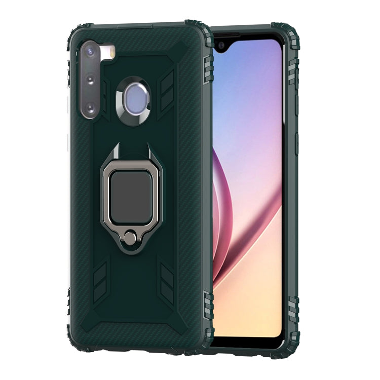 For Samsung Galaxy A21 (European Version) Carbon Fiber Protective Case with 360 Degree Rotating Ring Holder