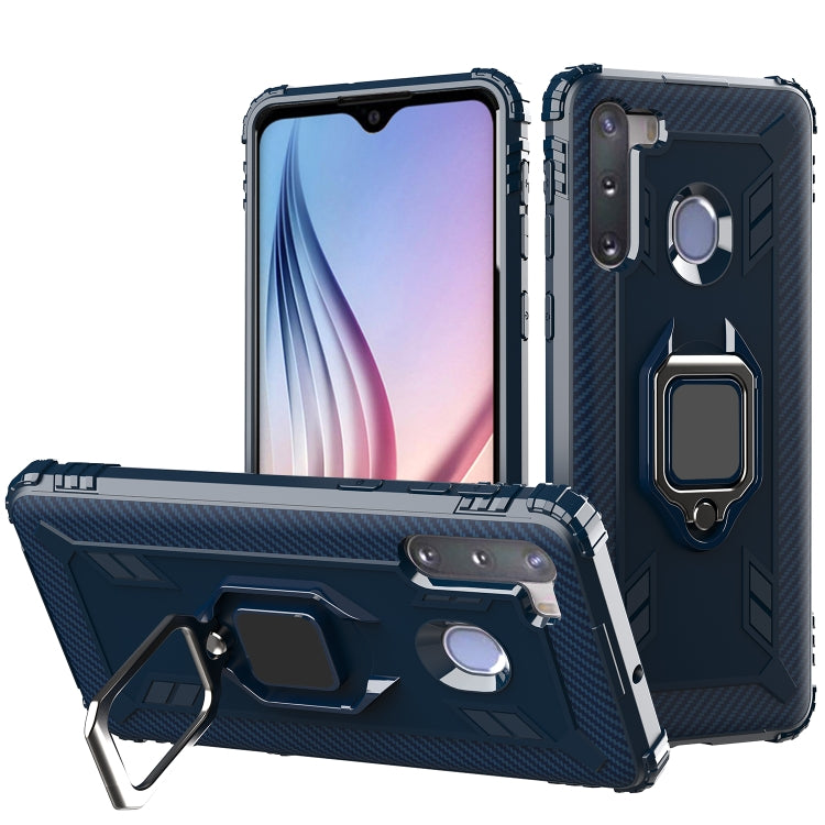 For Samsung Galaxy A21 (European Version) Carbon Fiber Protective Case with 360 Degree Rotating Ring Holder