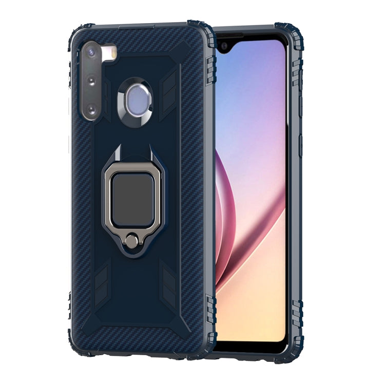 For Samsung Galaxy A21 (European Version) Carbon Fiber Protective Case with 360 Degree Rotating Ring Holder