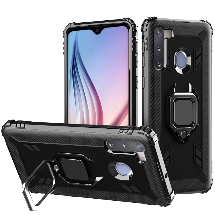 For Samsung Galaxy A21 (European Version) Carbon Fiber Protective Case with 360 Degree Rotating Ring Holder
