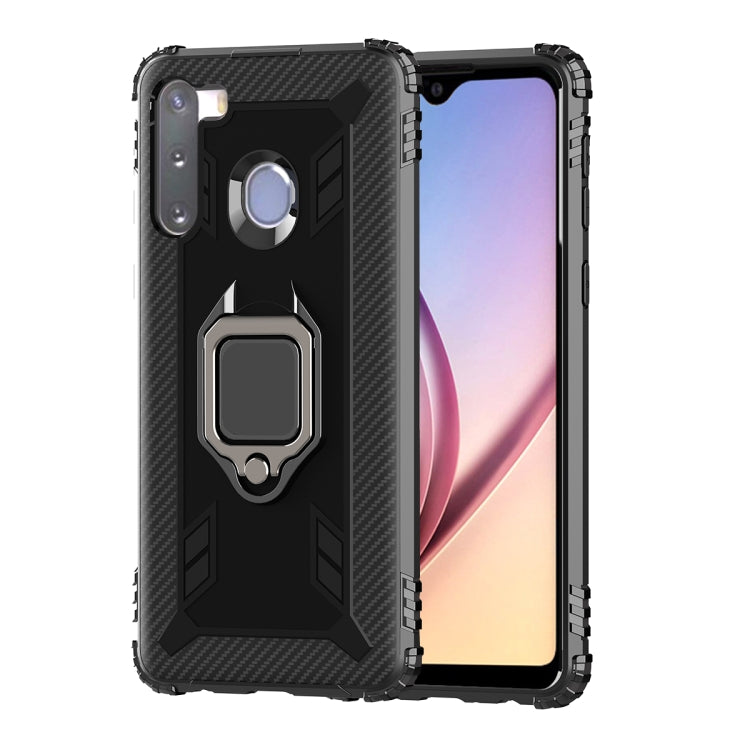 For Samsung Galaxy A21 (European Version) Carbon Fiber Protective Case with 360 Degree Rotating Ring Holder