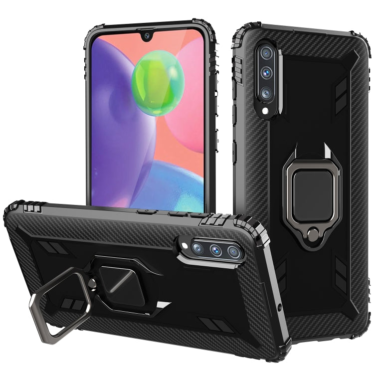 For Galaxy A70s Carbon Fiber Protective Case with 360 Degree Rotating Ring Holder