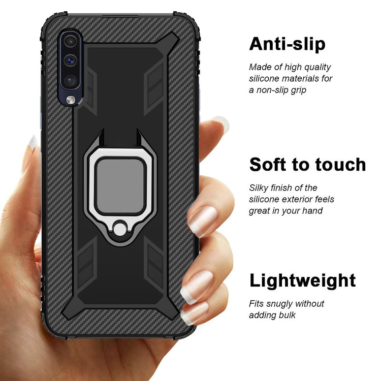 For Galaxy A30s Carbon Fiber Protective Case with 360 Degree Rotating Ring Holder