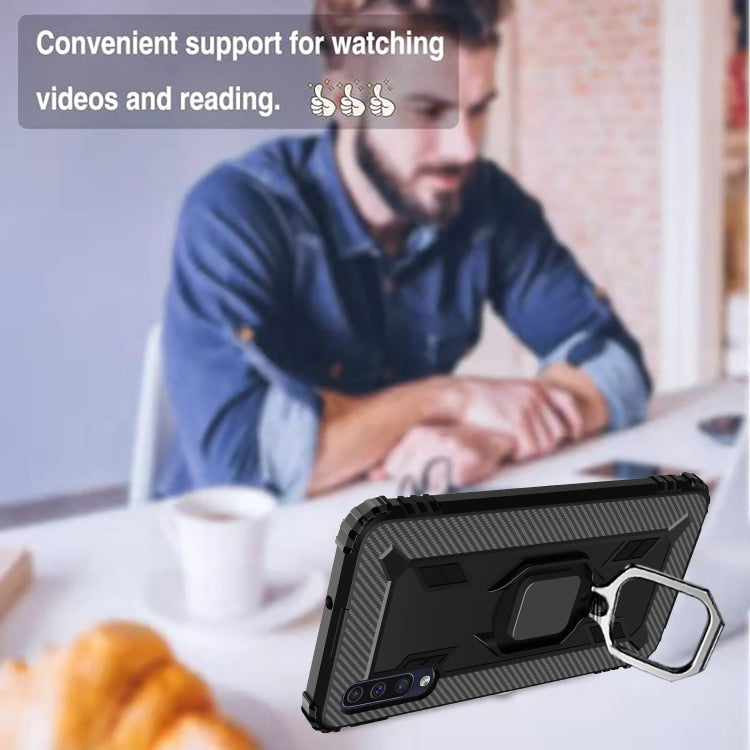 For Galaxy A30s Carbon Fiber Protective Case with 360 Degree Rotating Ring Holder