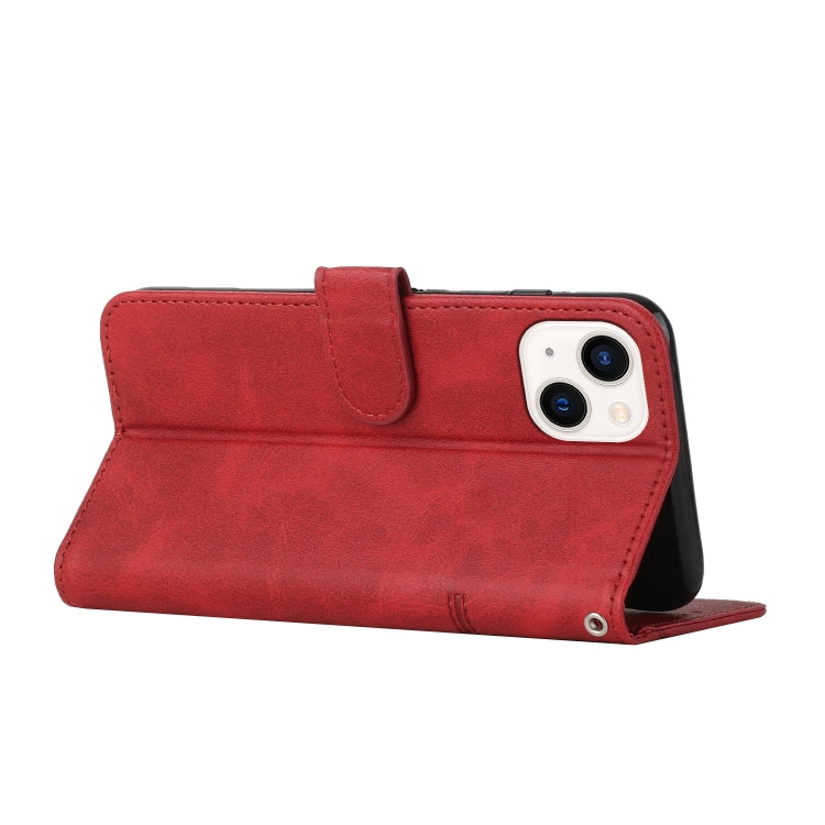 For iPhone 14 Stitching Calf Texture Buckle Leather Phone Case